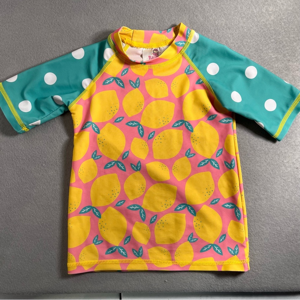 Ruffle Girl Pink Teal Poka Dot Lemon Swim Rash Gaurd 3/4 Sleeve Size 6